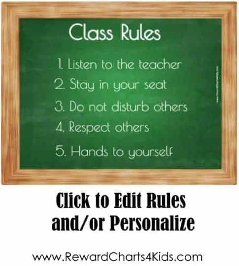 classroom rules poster on a green chalkboard