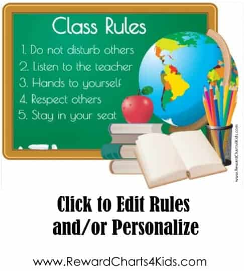 class room rules with an atlas and an apple and some books