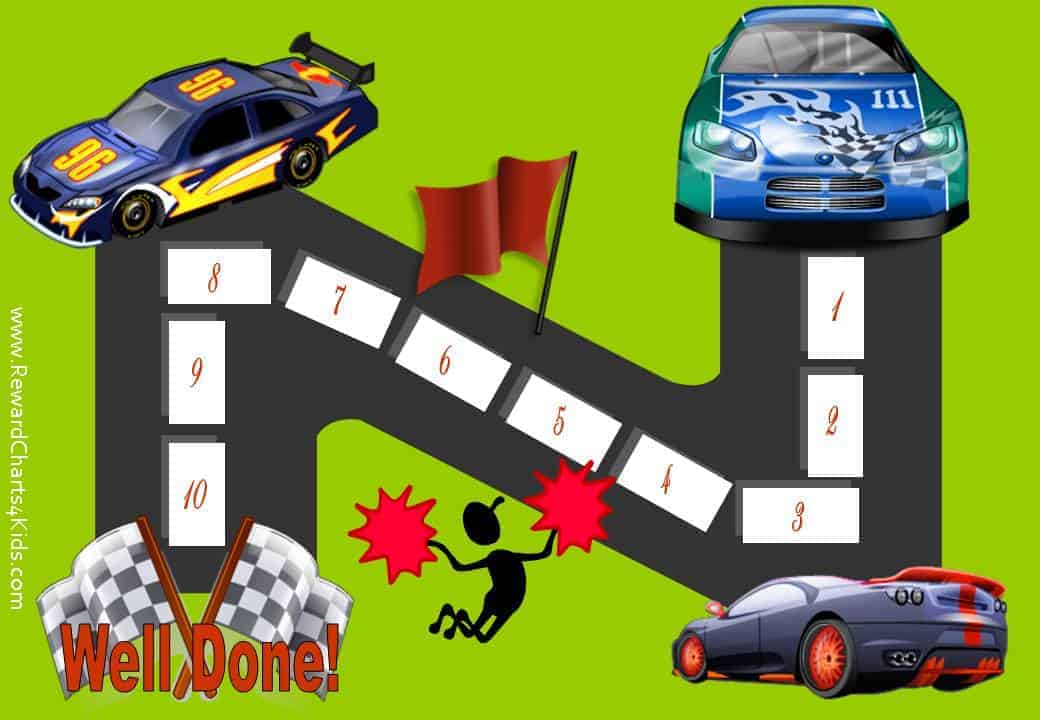 Sticker Chart with 10 steps and 3 racing cars racing to the finishing line where it says