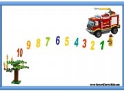 10 step sticker chart with a firetruck, a Lego tree and Lego figurines