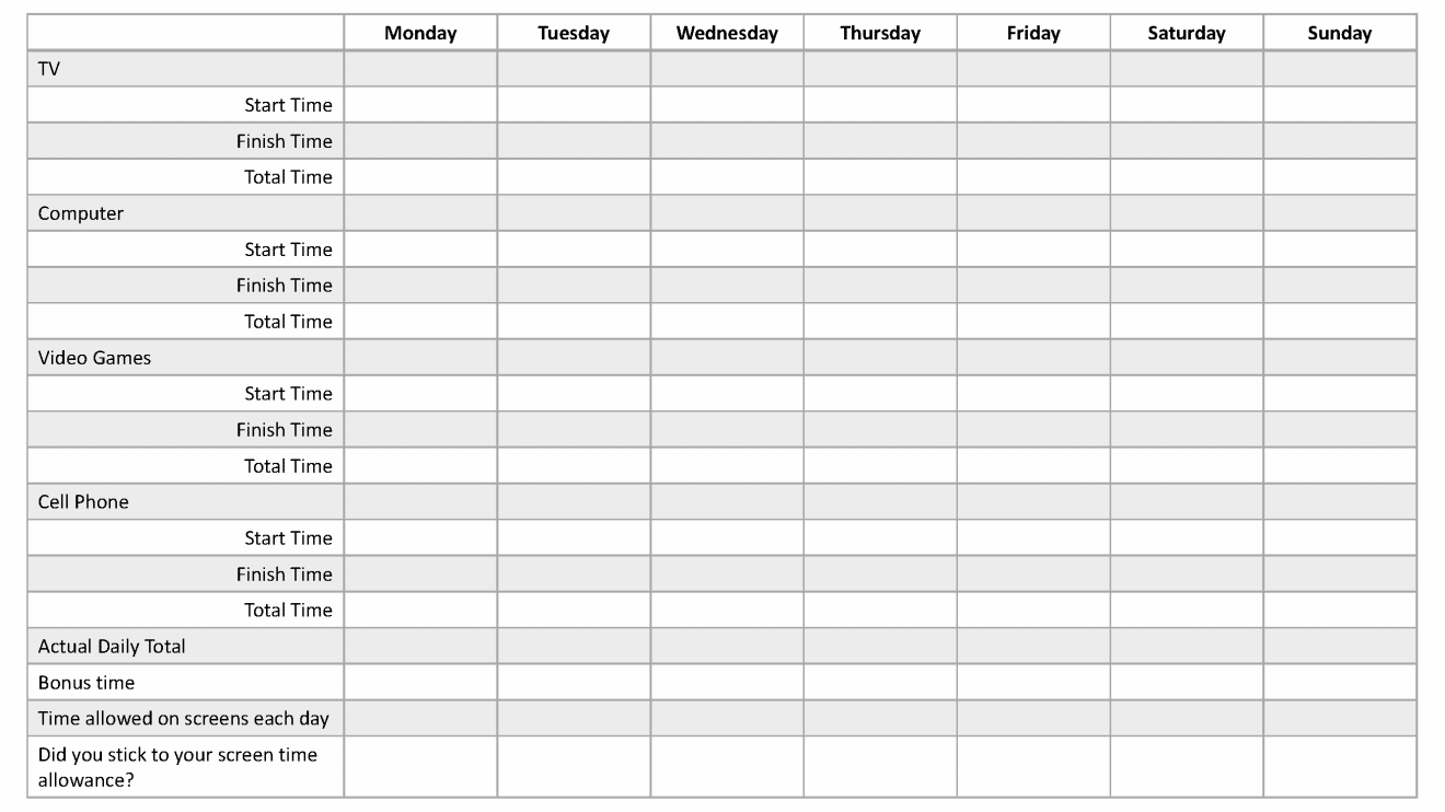 Free Printable Screen Time Charts