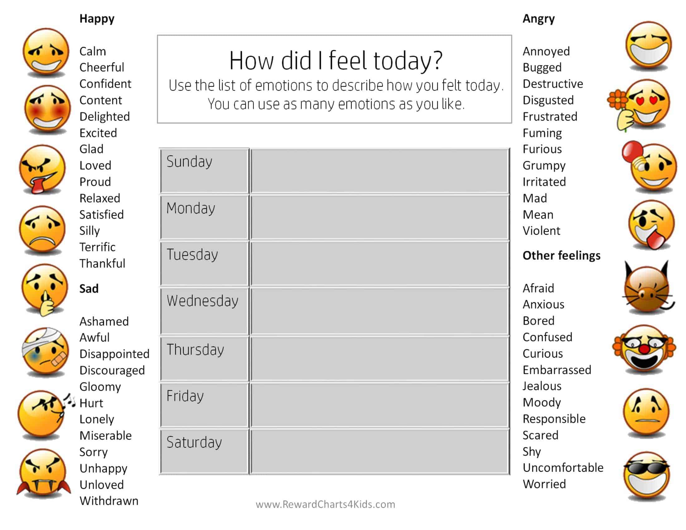 Printable List Of Feelings