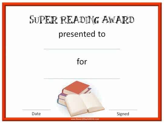 Reading award certificate