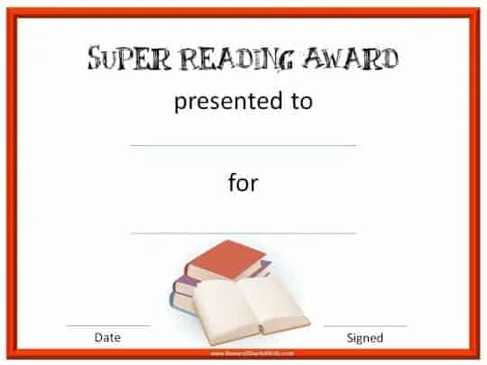 Reading award certificate