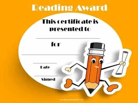 Reading award certificate