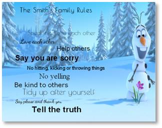 Family rules sign with a Frozen movie theme