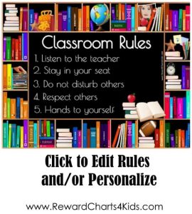 class rules on chalkboard with a bookshelf border
