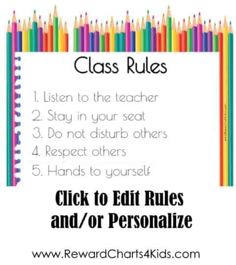 Poster with rules of classroom with colored pencils in the background