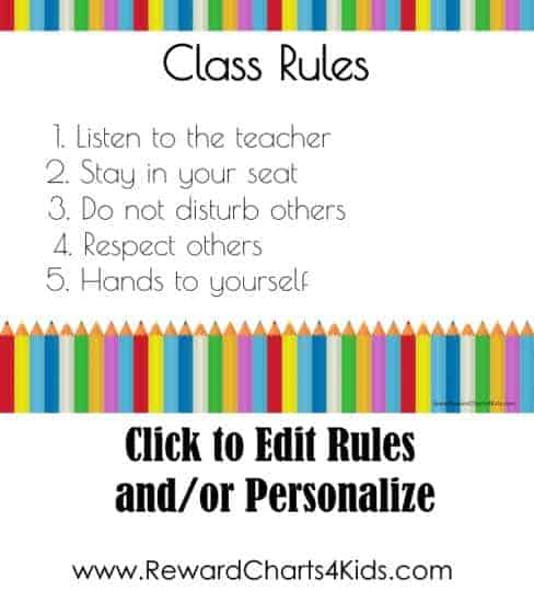 Poster with rules of class with white background and colored pencils on top and bottom