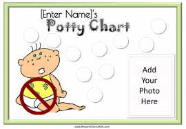 Potty training chart with a light green border and a cute baby and space for a photo