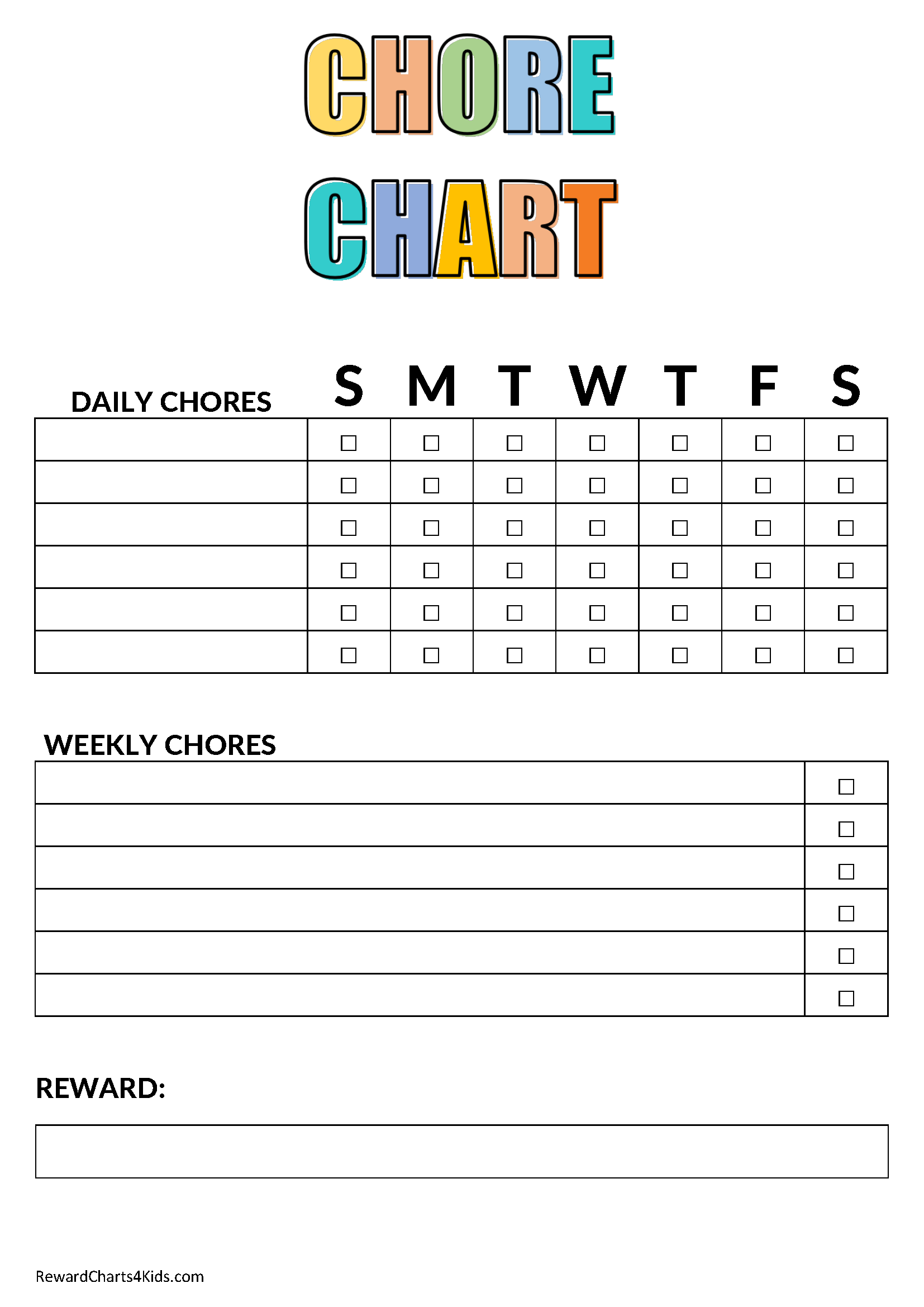 Kids Chore Chart BUNDLE - 'My Chore Chart' Weekly Page in 5 Colors -  Printable