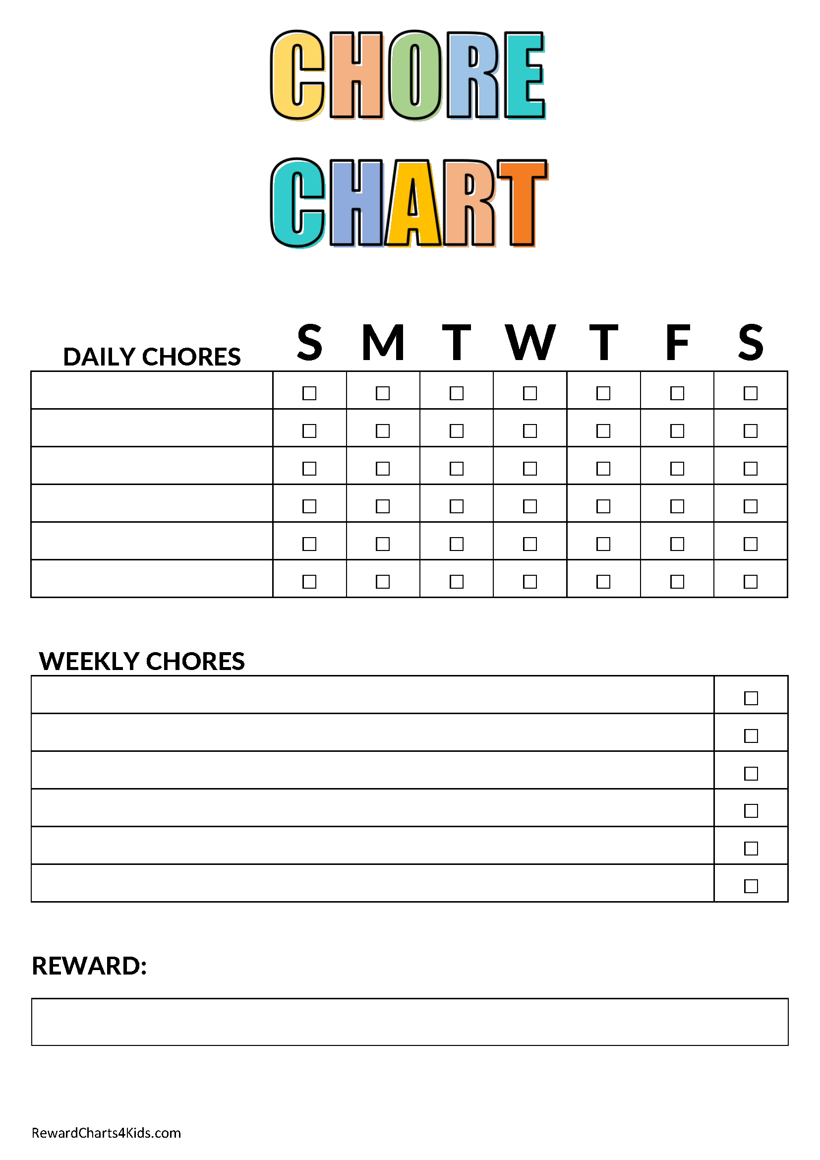 Weekly kids chore chart editable, Fillable pdf, A4, Letter.