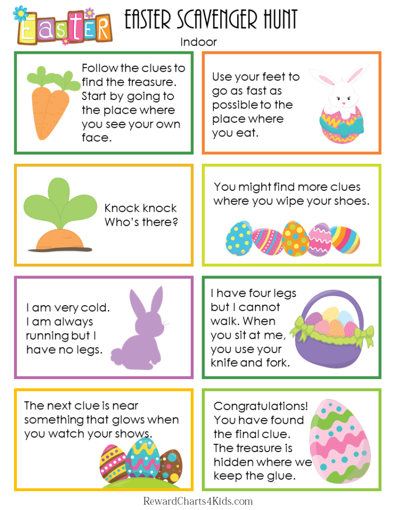 Indoor Scavenger Hunt Easter Clues (Color)