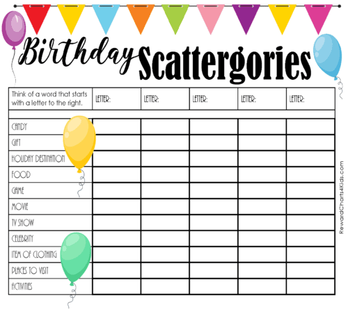 Printable scattergories list with a birthday theme