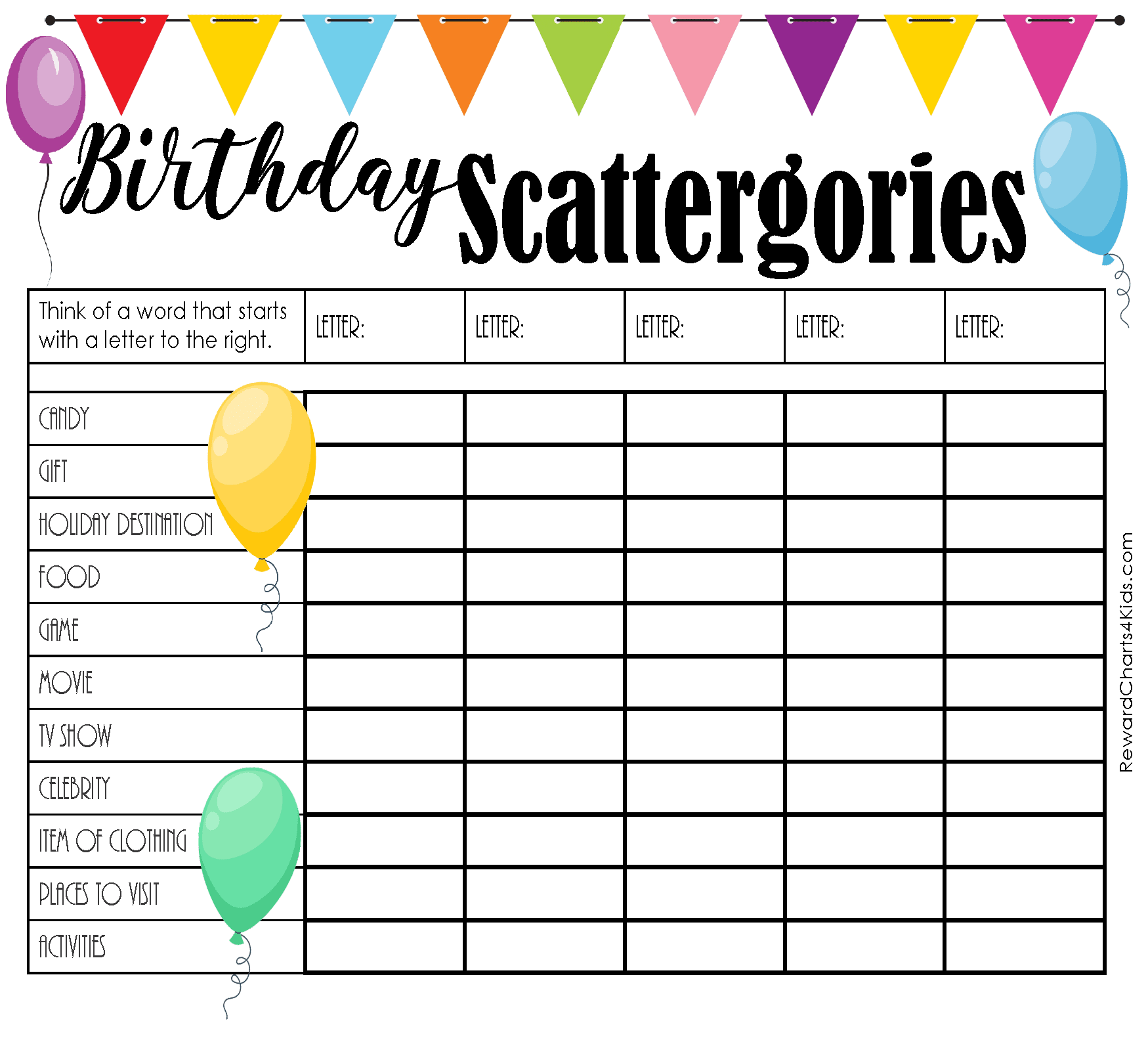 FREE Printable Scattergories Lists Instant Download