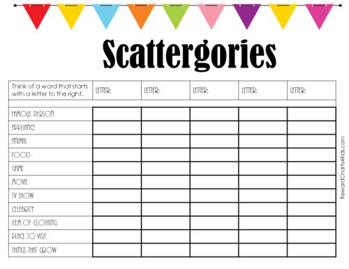 Printable scattergories list with a birthday theme