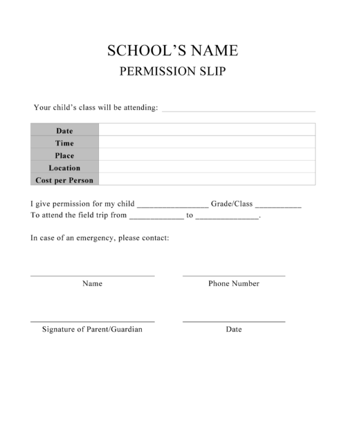 examples of permission slips for field trips