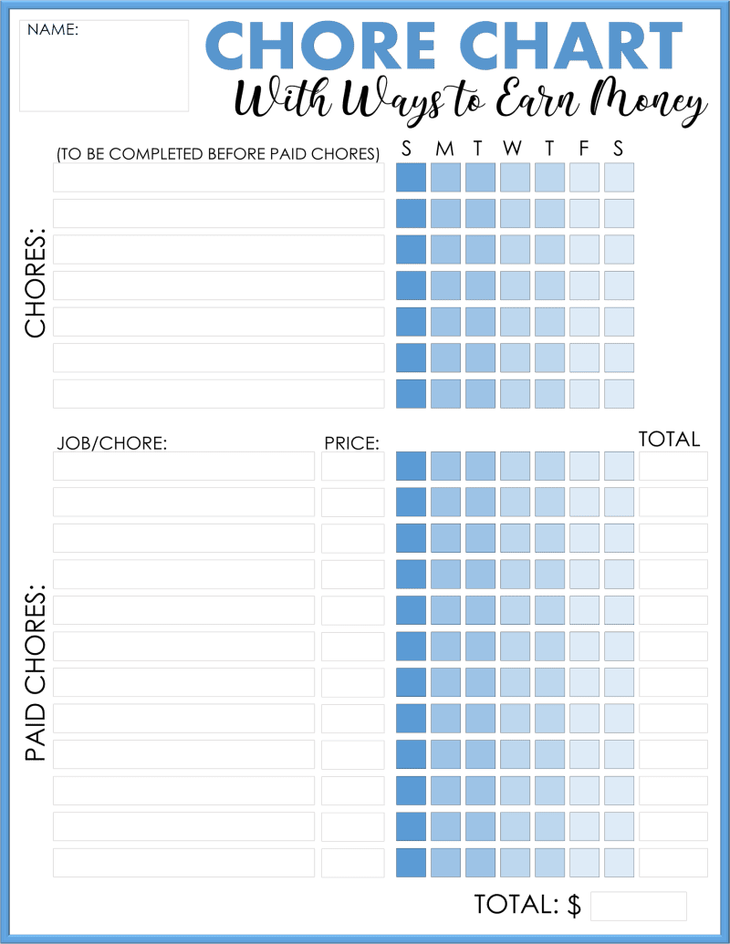 Chore chart with paid chores - blue
