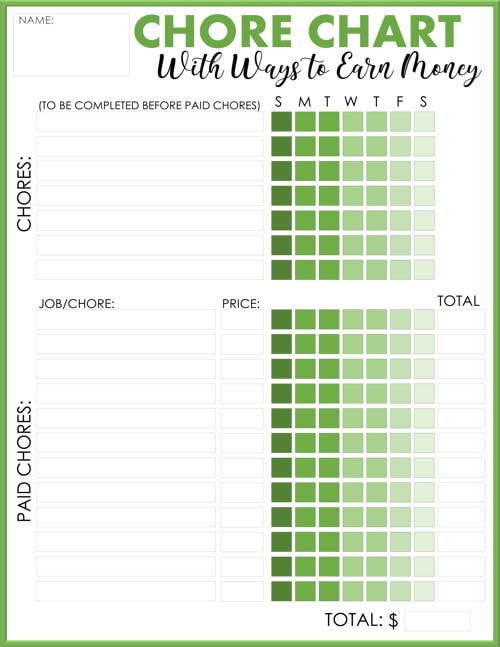 Chore chart with paid chores - green