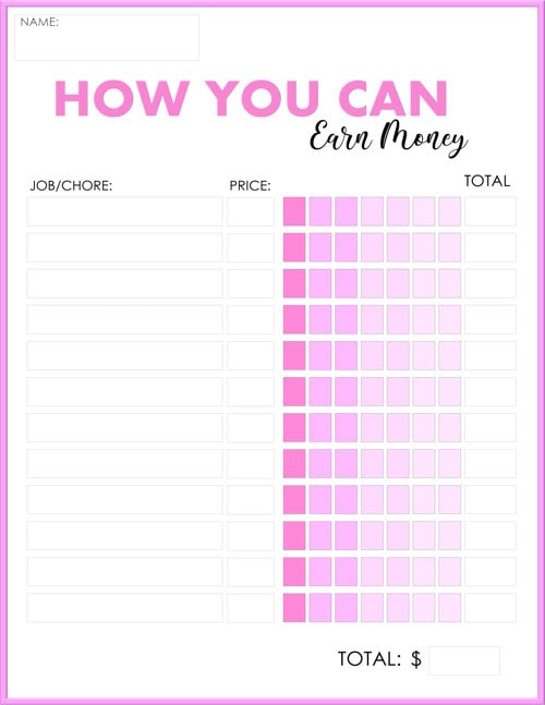 Allowance Chore Chart with Prices - Pink